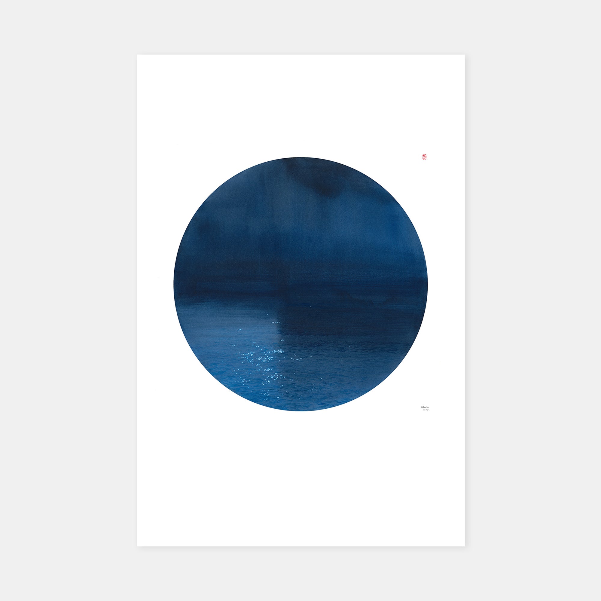 A minimalist art print featuring a large, circular abstract composition of deep blue and navy tones on a white background, with a small red seal stamp in the upper right and wanru kemp signature near the lower right.