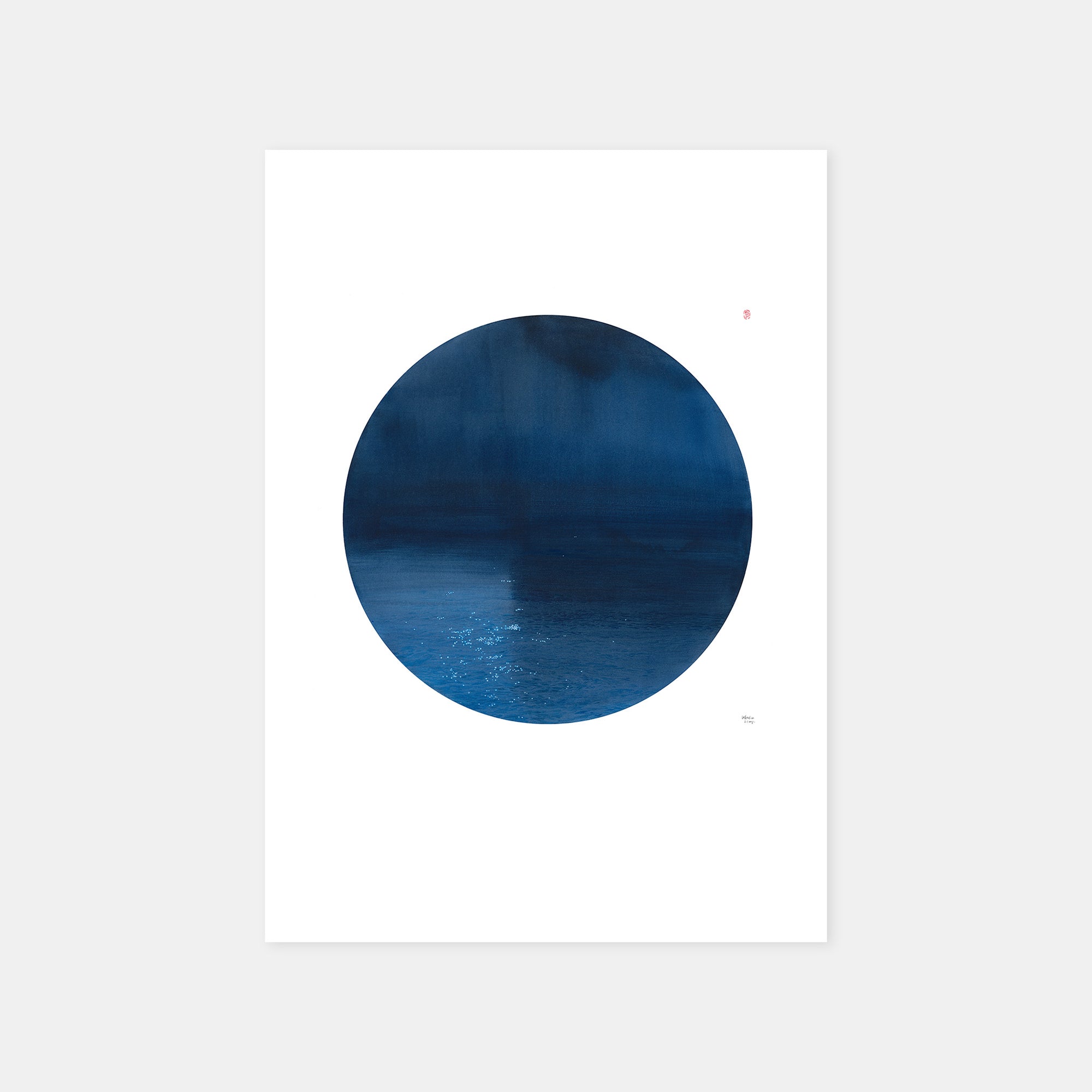 A minimalist art print featuring a large dark blue circular watercolour painting of moonlight reflecting on the flowing Sheep River, printed on 24x36in white  paper and displayed against a light grey background.