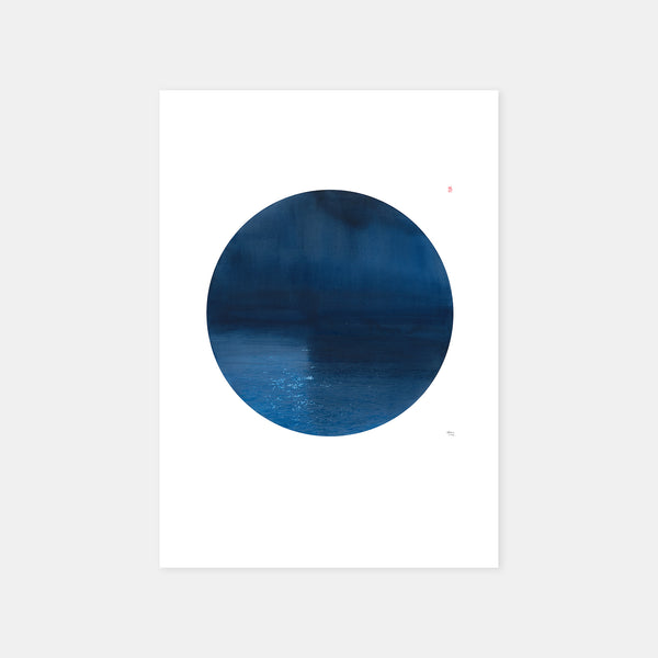 A minimalist art print featuring a large dark blue circular watercolour painting of moonlight reflecting on the flowing Sheep River, printed on 24x36in white  paper and displayed against a light grey background.
