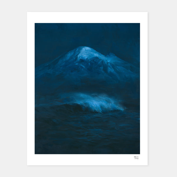 A vertical art print featuring a dark blue painting of a snow-capped Mount Baker mountain above a churning ocean wave, presented with a wide white border on a light gray background.