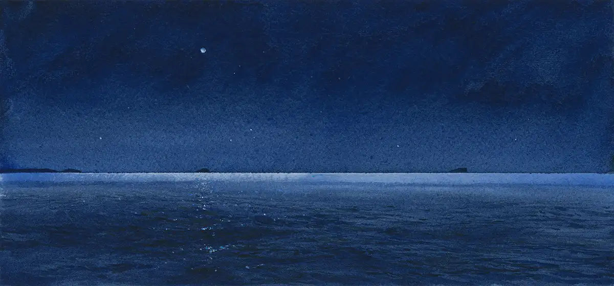 Night seascape  watercolour painting video by warn kemp